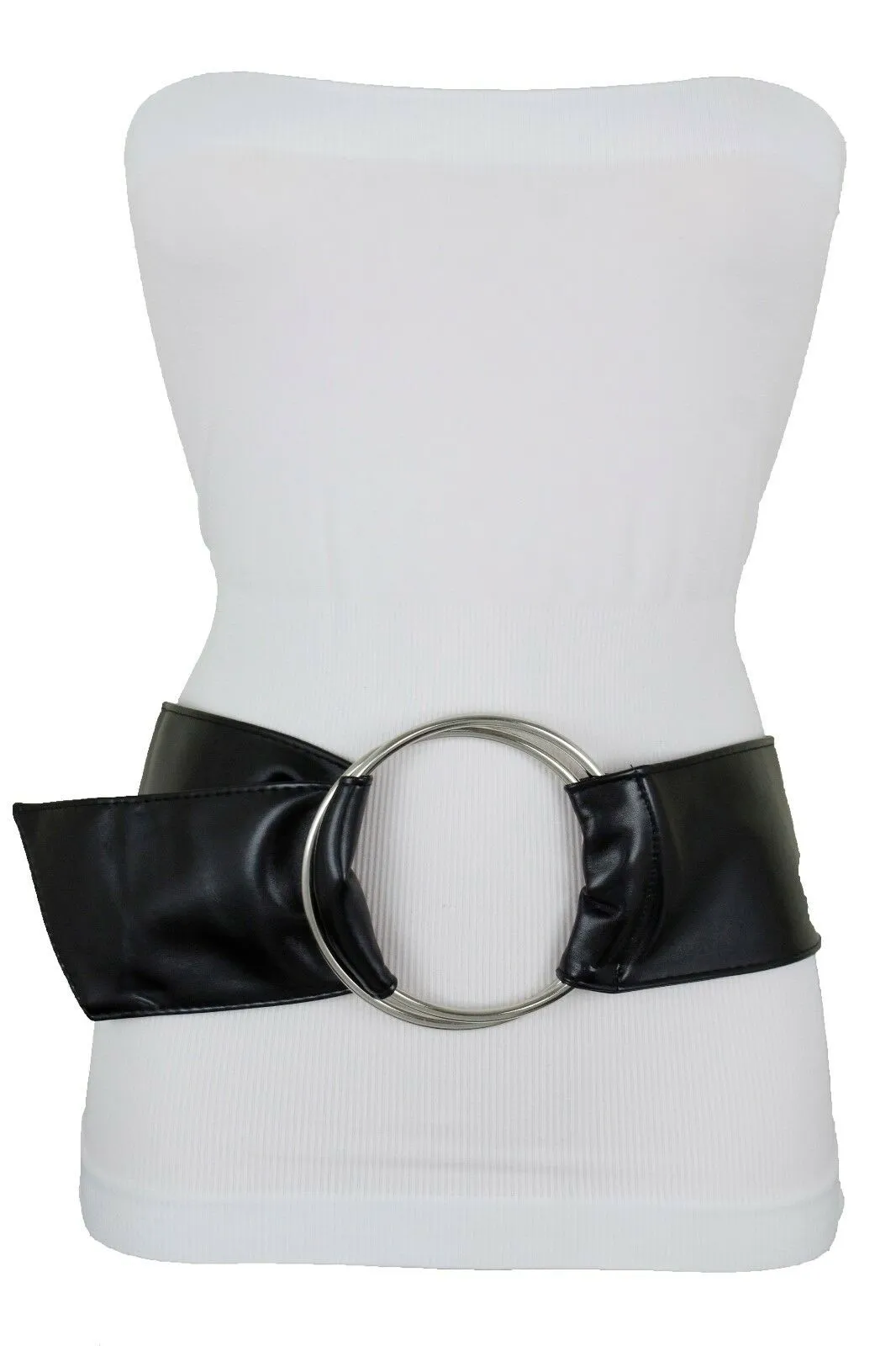 Women Black Fabric Fashion Belt Big Silver Metal Ring Charm Buckle Size S M L