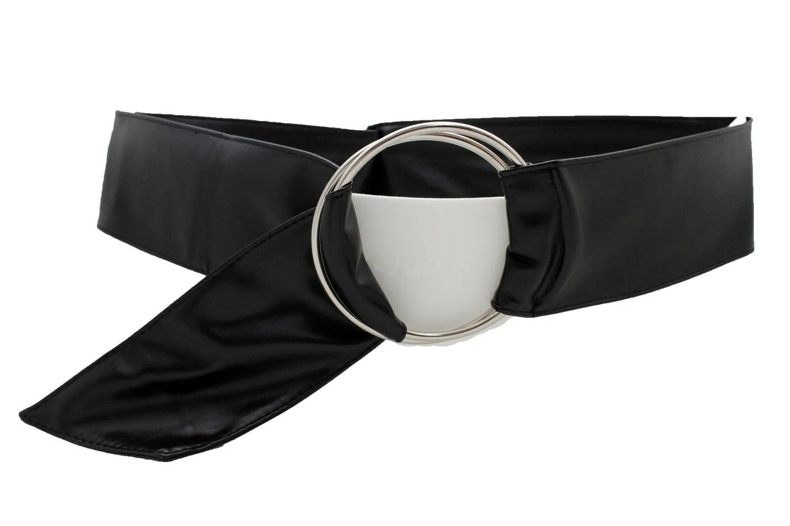 Women Black Fabric Fashion Belt Big Silver Metal Ring Charm Buckle Size S M L
