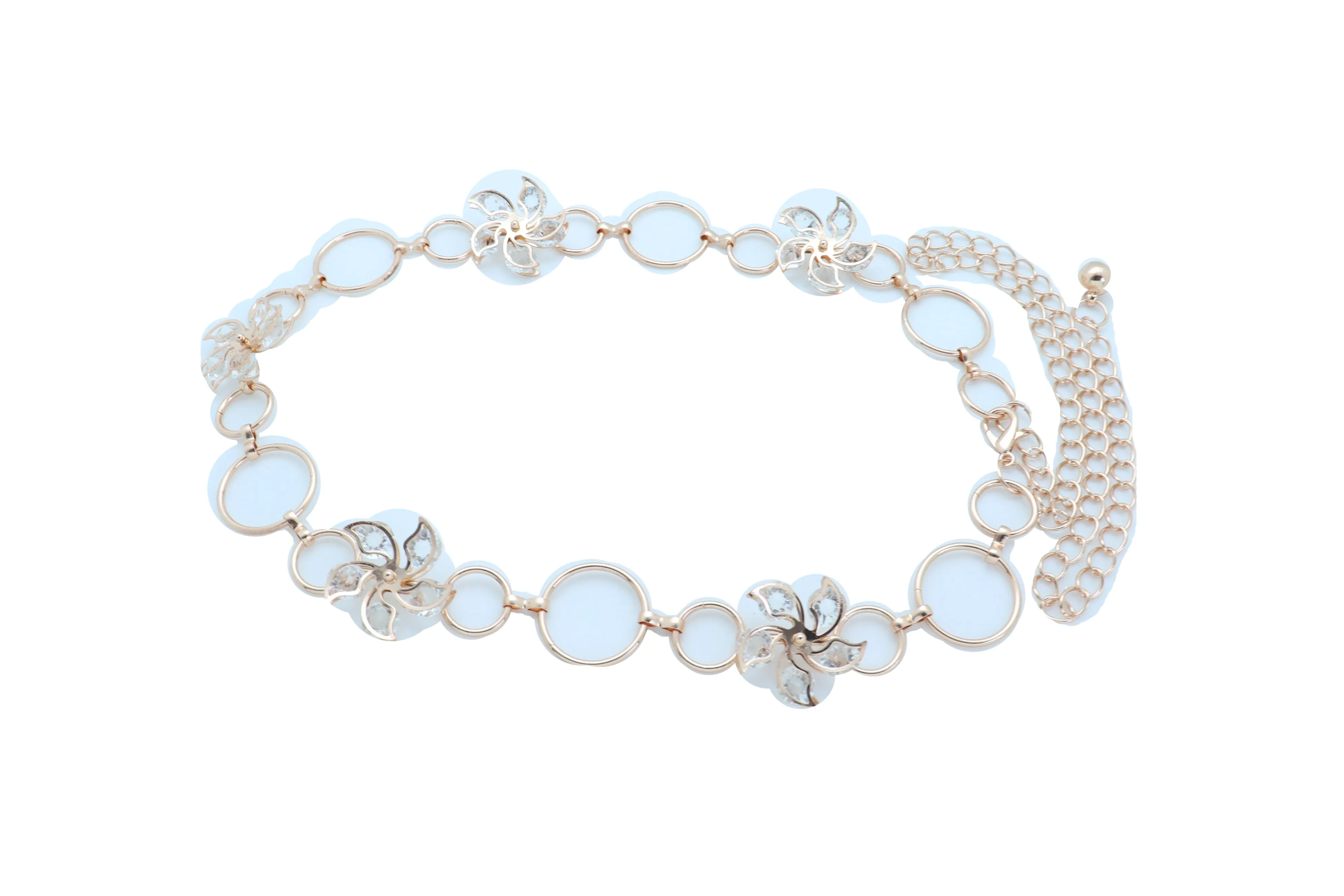 Women Gold Color Metal Chain Skinny Fancy Waistband Bling Flower Charm Belt