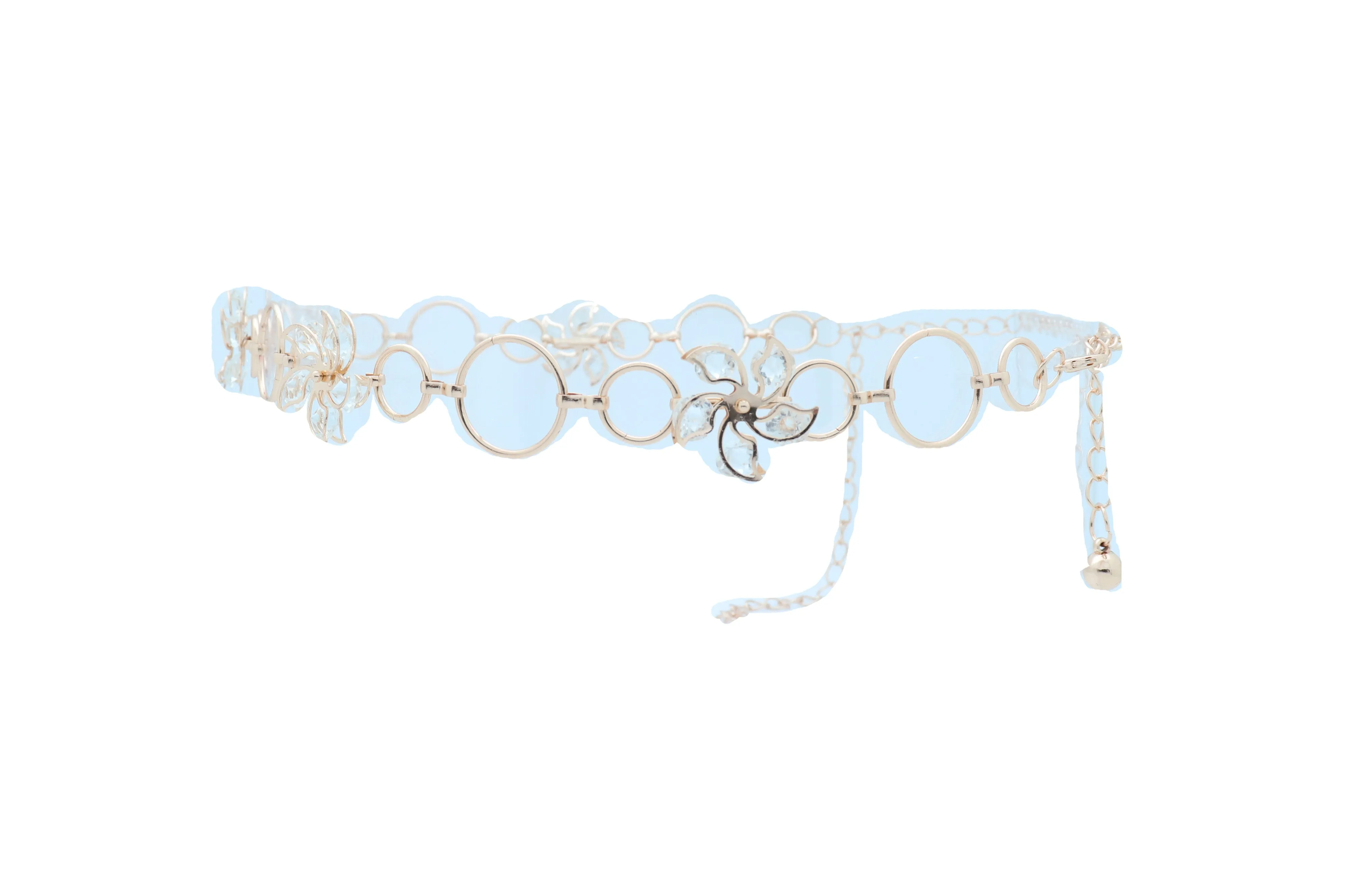 Women Gold Color Metal Chain Skinny Fancy Waistband Bling Flower Charm Belt
