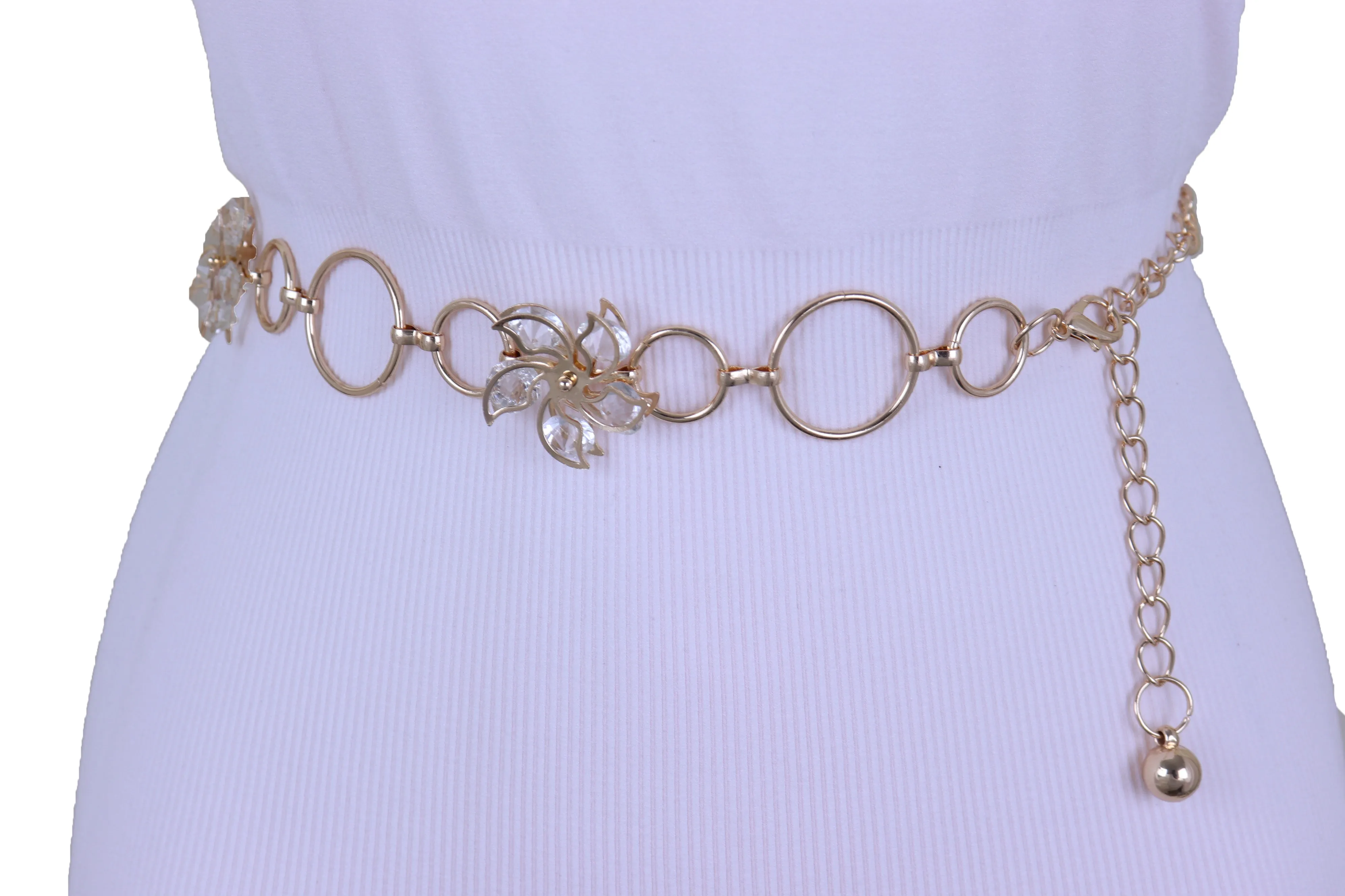Women Gold Color Metal Chain Skinny Fancy Waistband Bling Flower Charm Belt