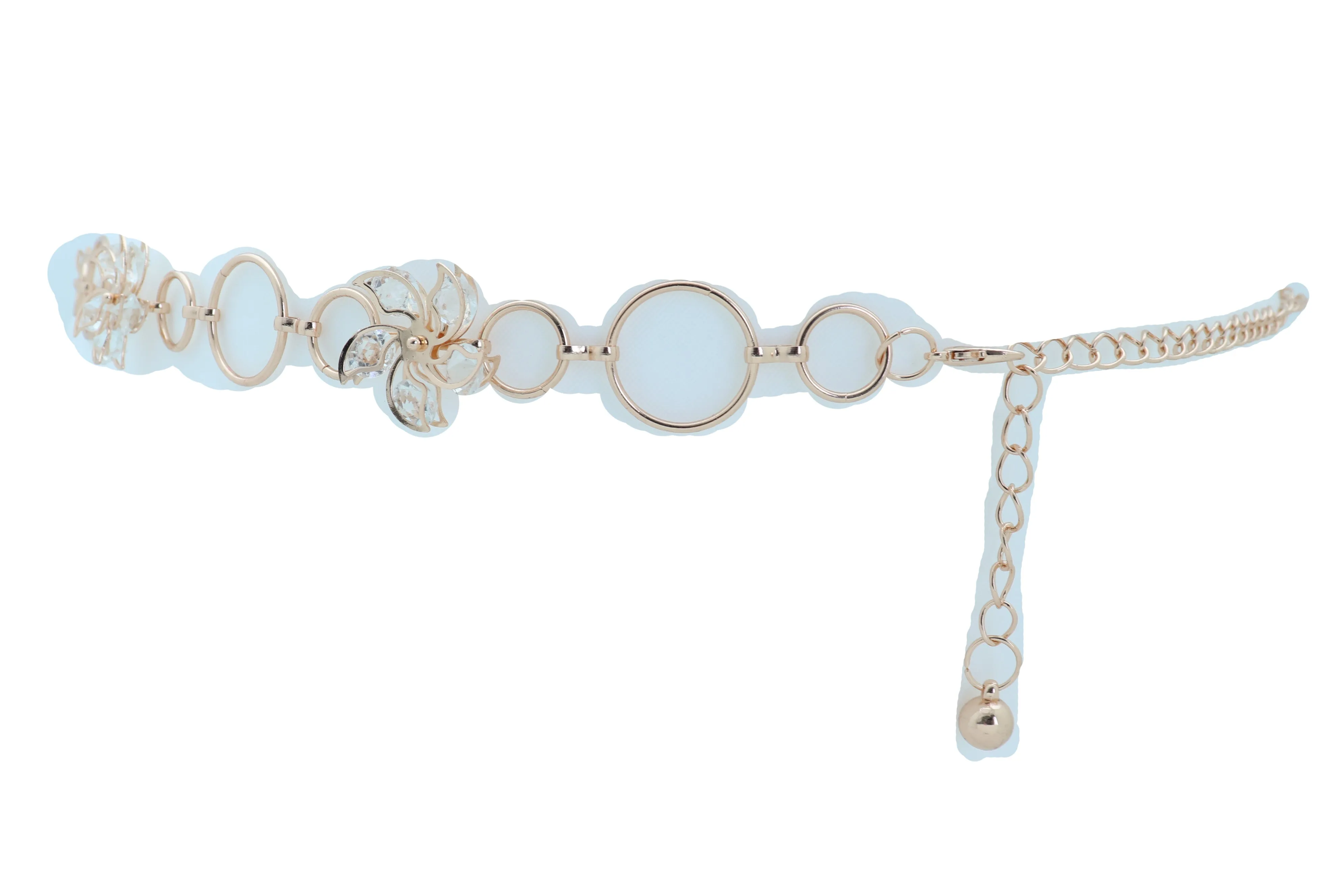 Women Gold Color Metal Chain Skinny Fancy Waistband Bling Flower Charm Belt