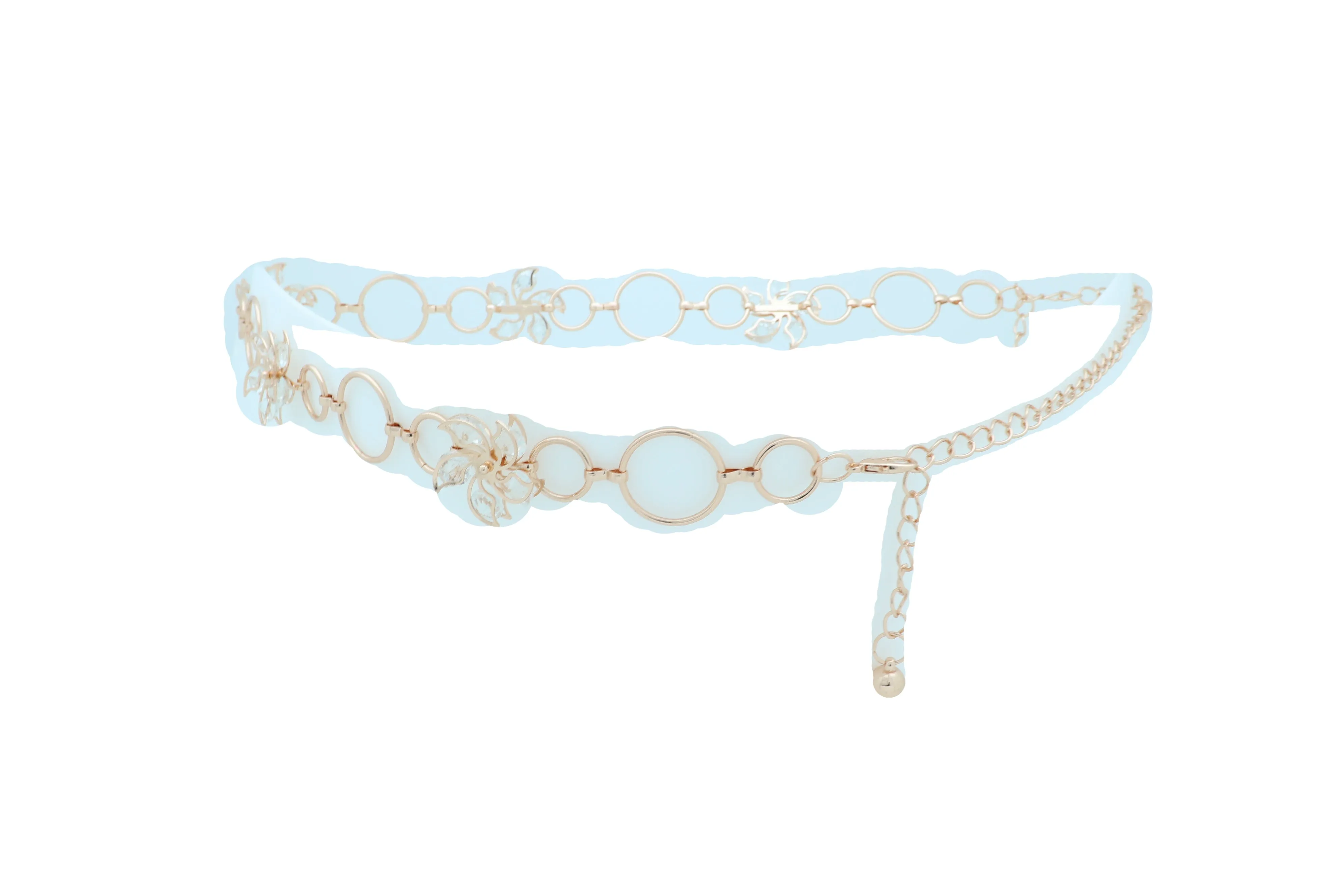 Women Gold Color Metal Chain Skinny Fancy Waistband Bling Flower Charm Belt