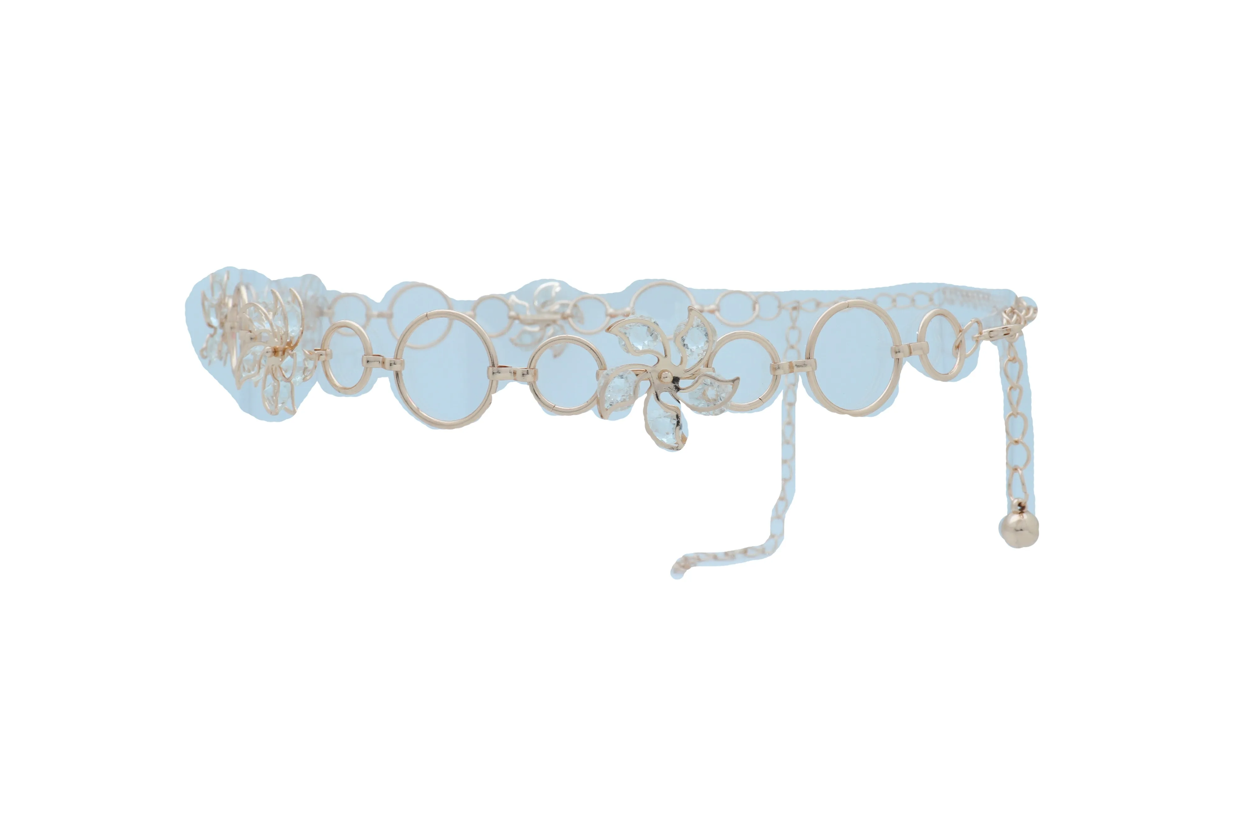 Women Gold Color Metal Chain Skinny Fancy Waistband Bling Flower Charm Belt