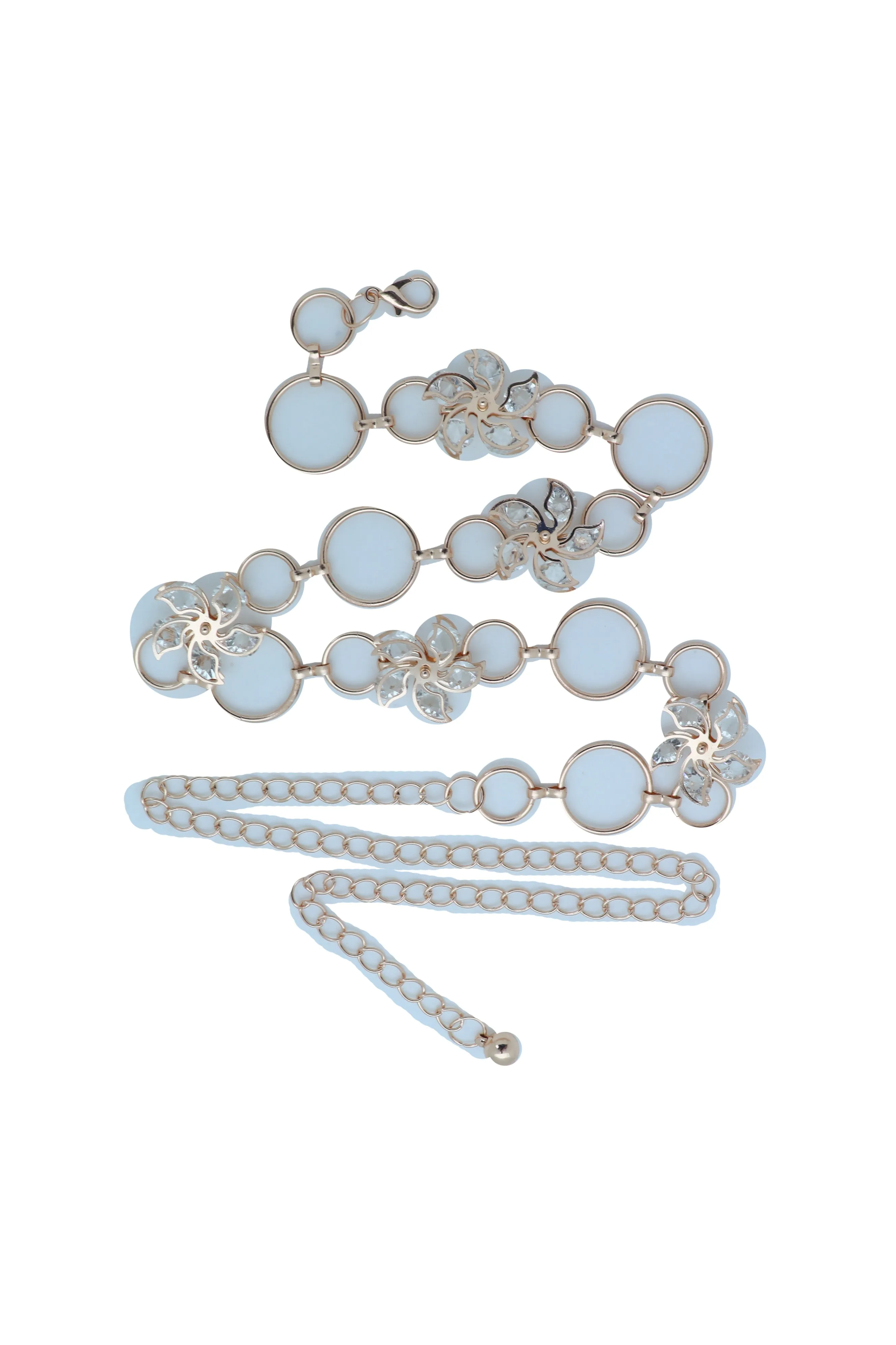Women Gold Color Metal Chain Skinny Fancy Waistband Bling Flower Charm Belt