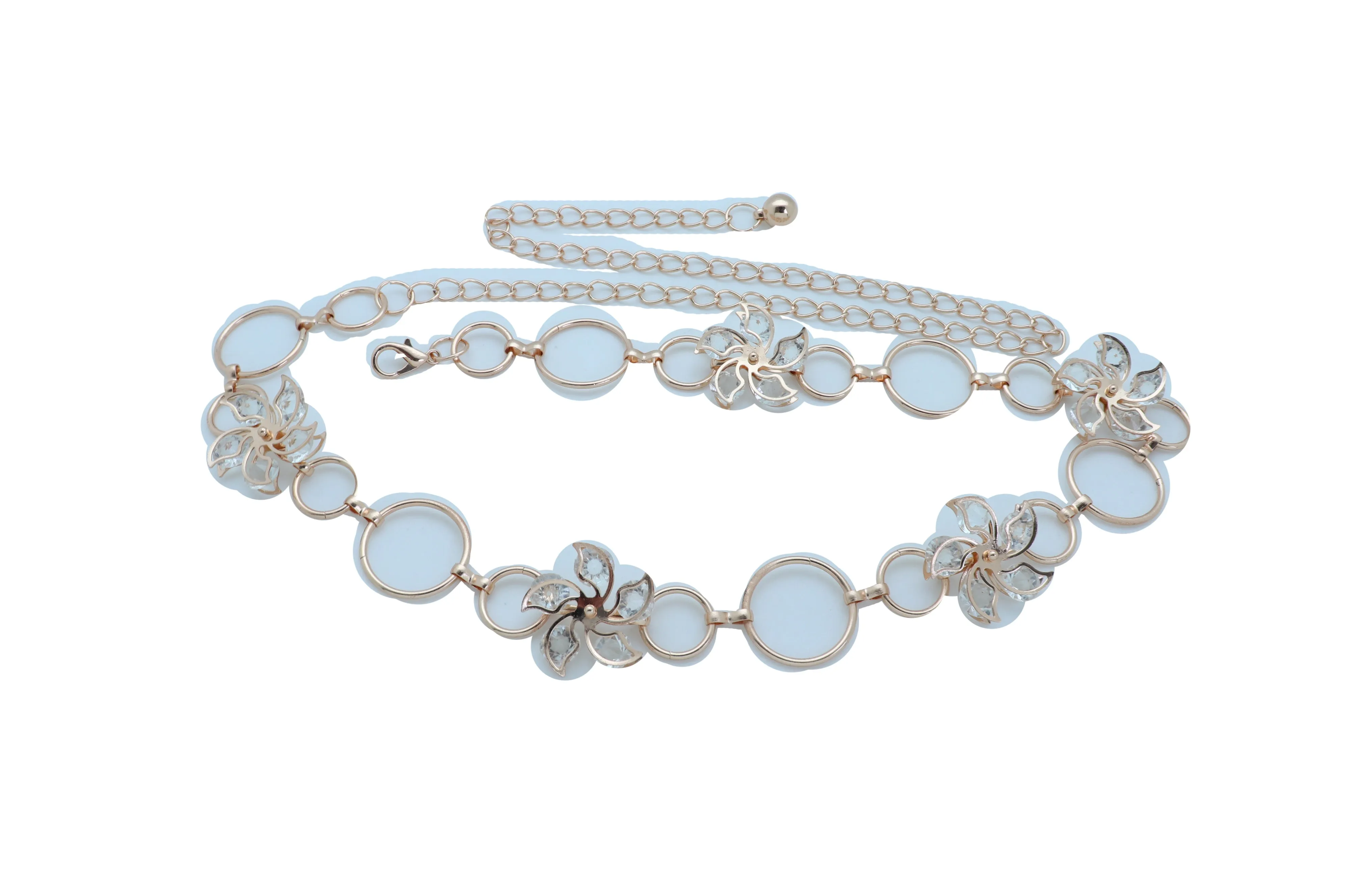 Women Gold Color Metal Chain Skinny Fancy Waistband Bling Flower Charm Belt