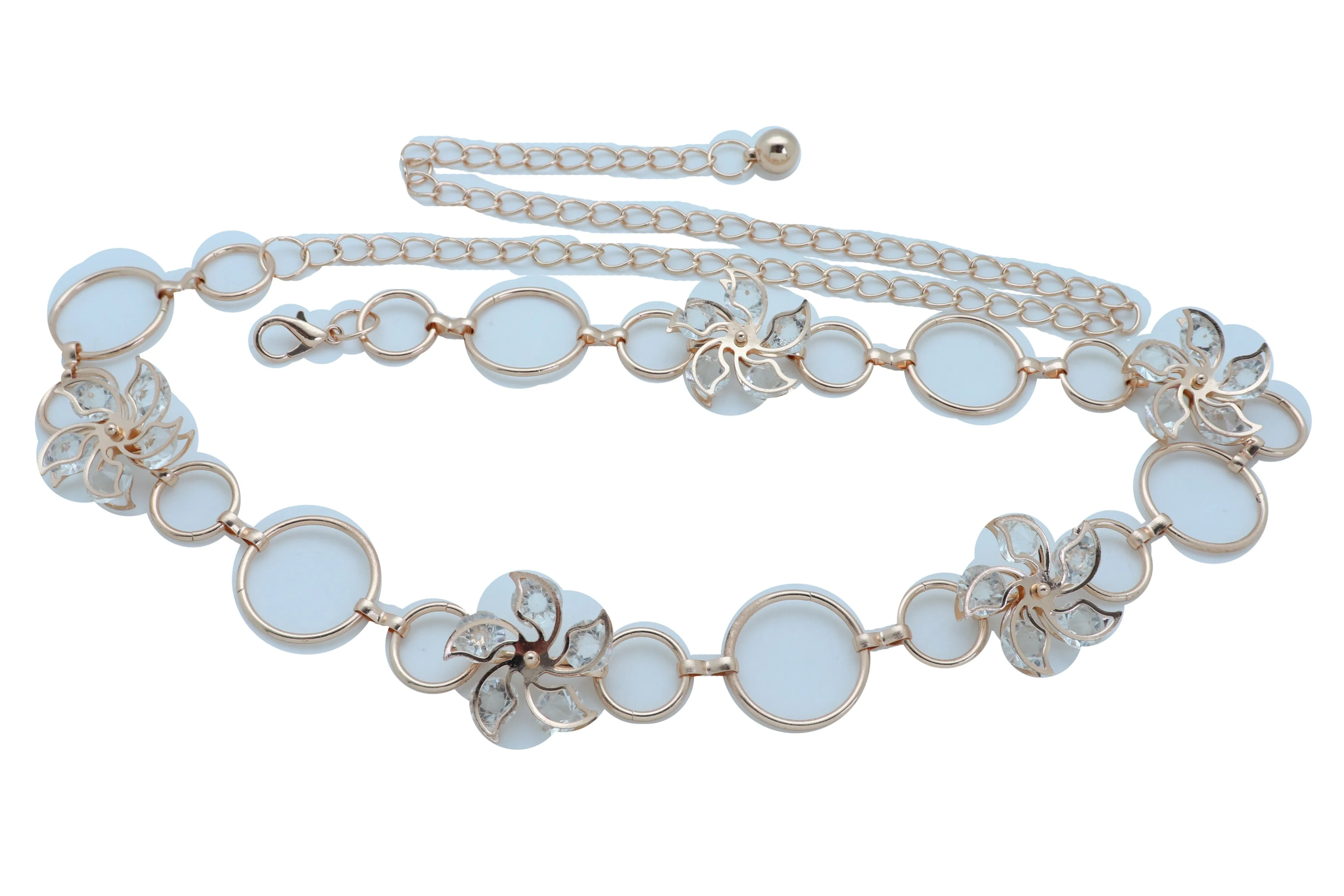 Women Gold Color Metal Chain Skinny Fancy Waistband Bling Flower Charm Belt