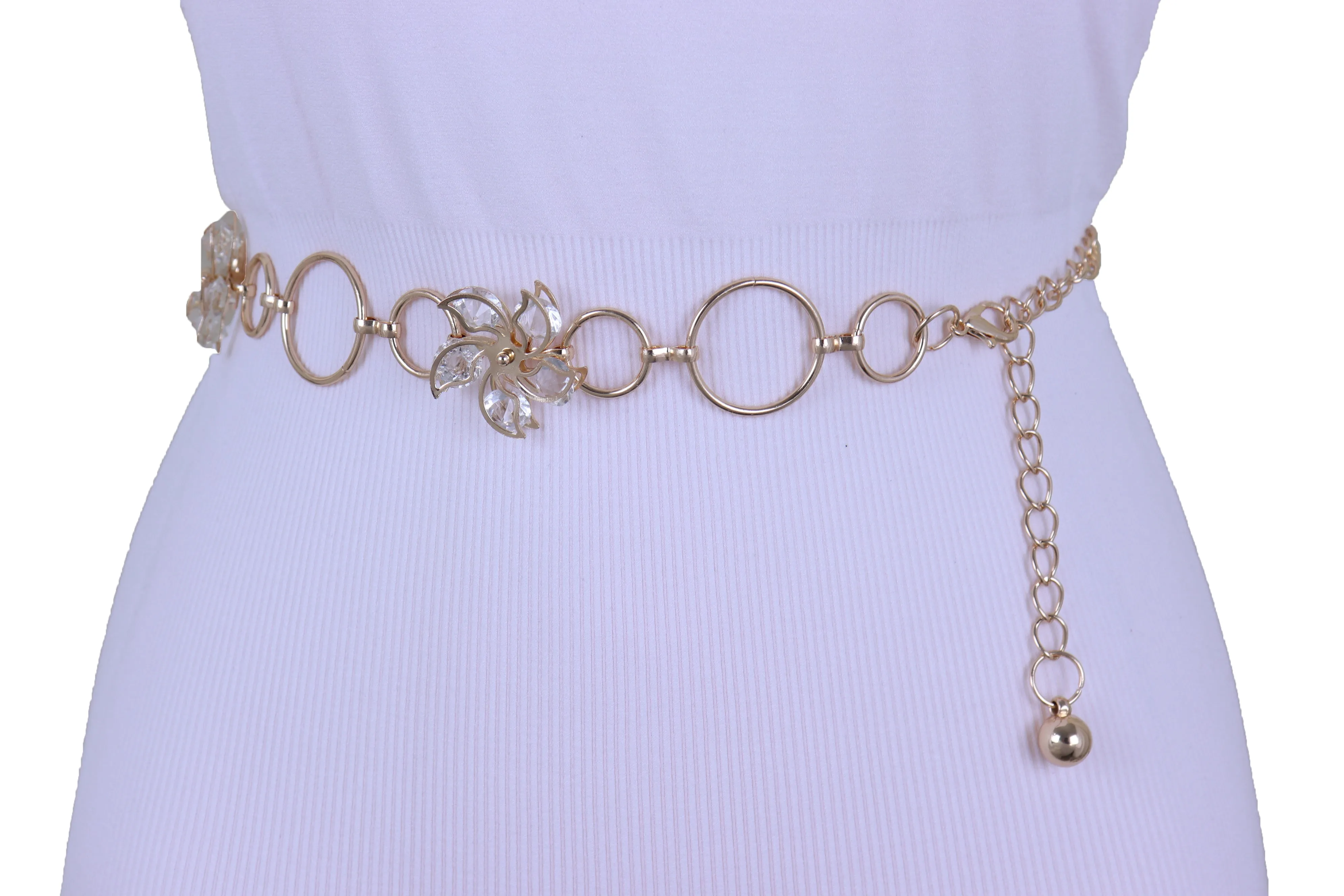 Women Gold Color Metal Chain Skinny Fancy Waistband Bling Flower Charm Belt