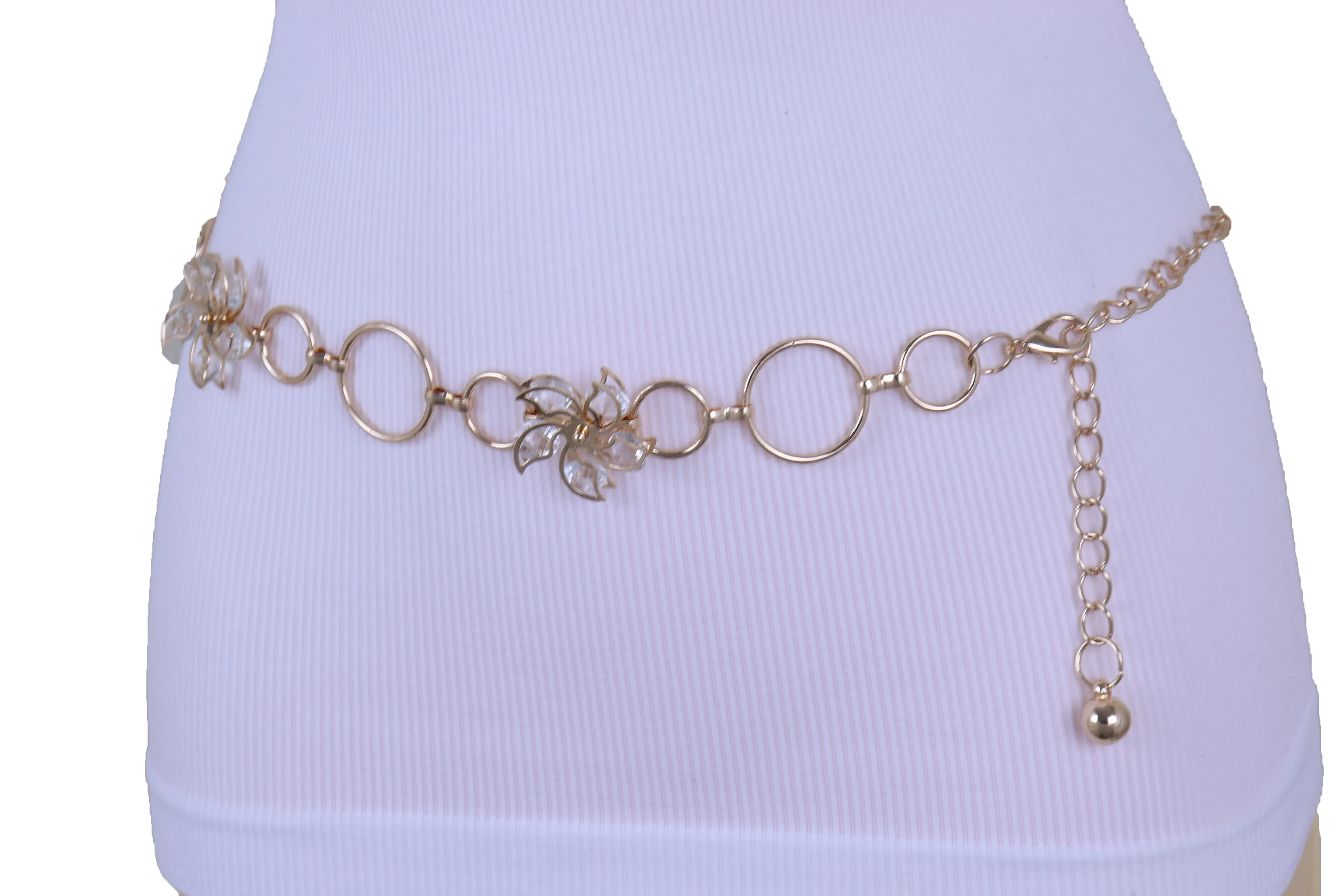Women Gold Color Metal Chain Skinny Fancy Waistband Bling Flower Charm Belt