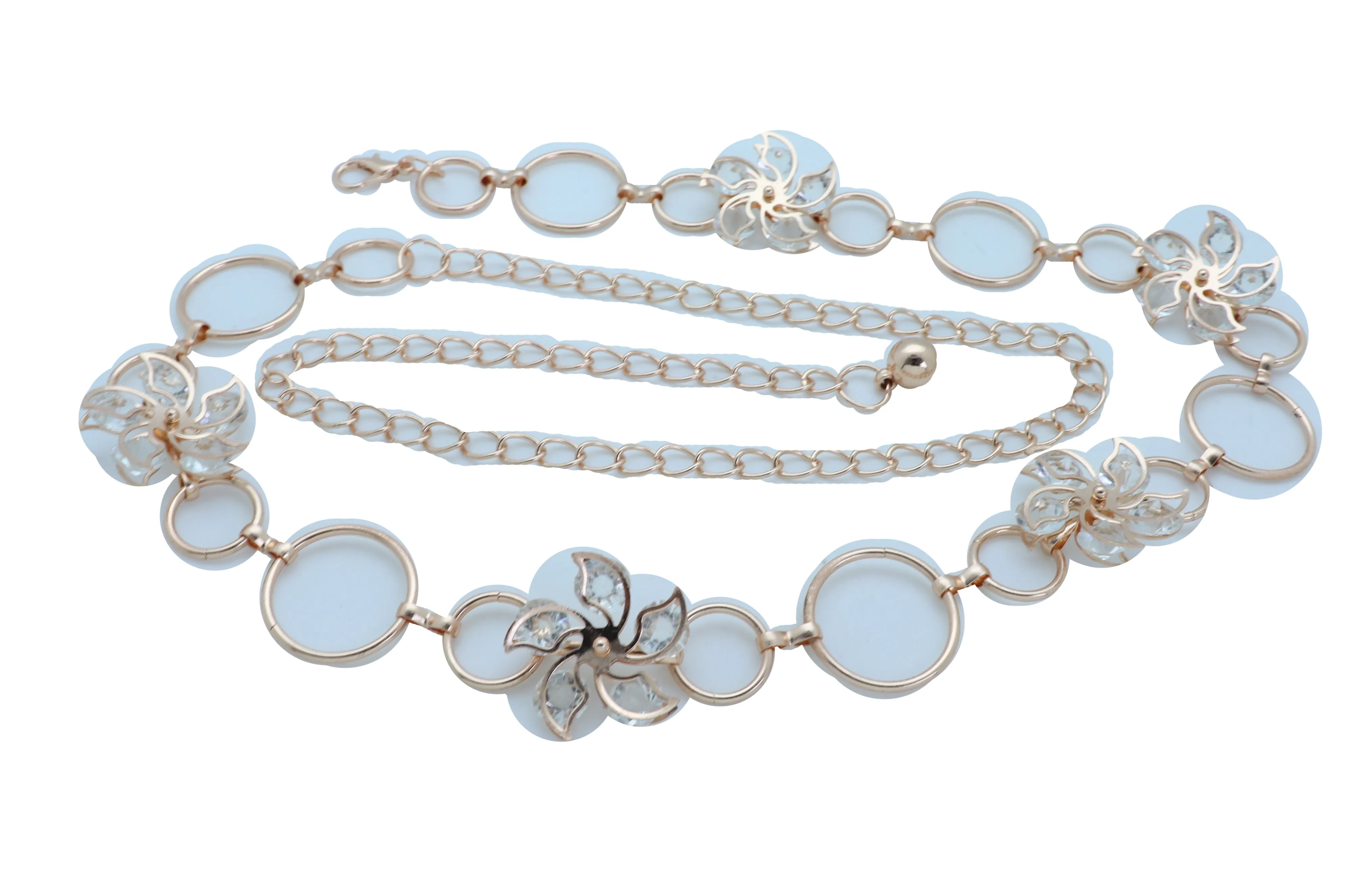 Women Gold Color Metal Chain Skinny Fancy Waistband Bling Flower Charm Belt
