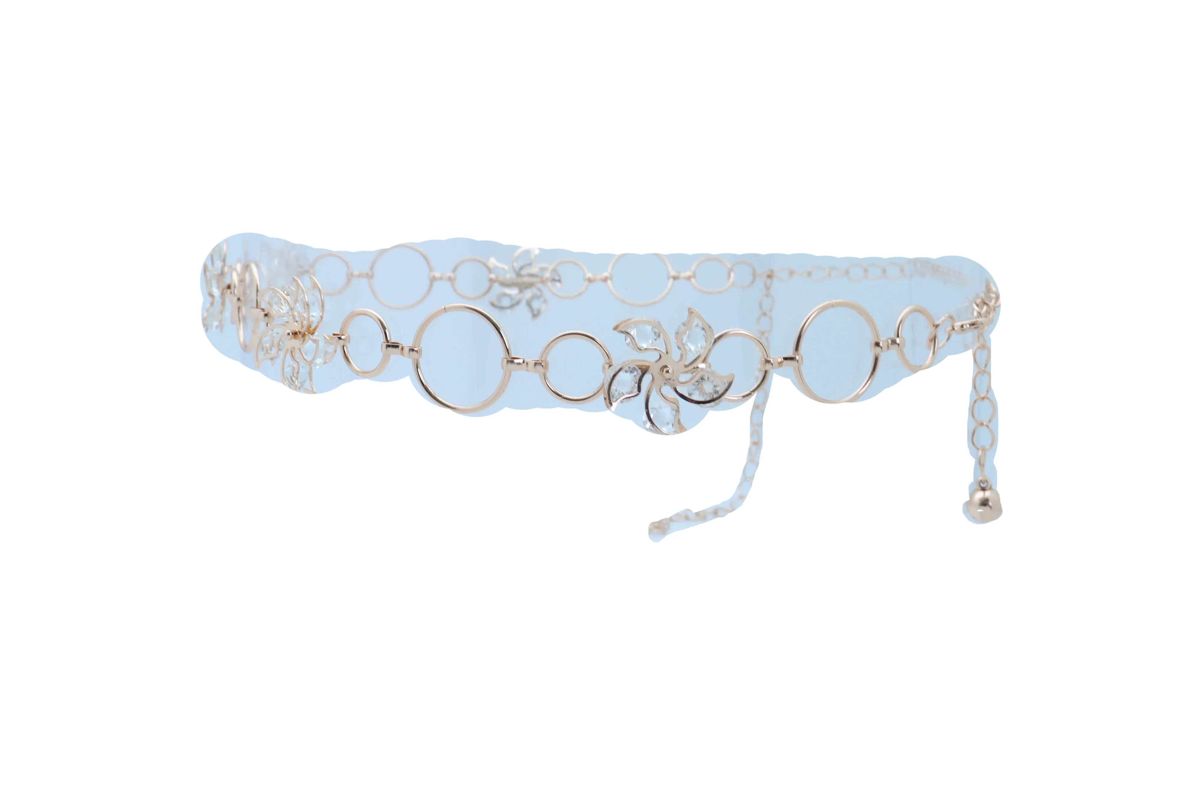 Women Gold Color Metal Chain Skinny Fancy Waistband Bling Flower Charm Belt