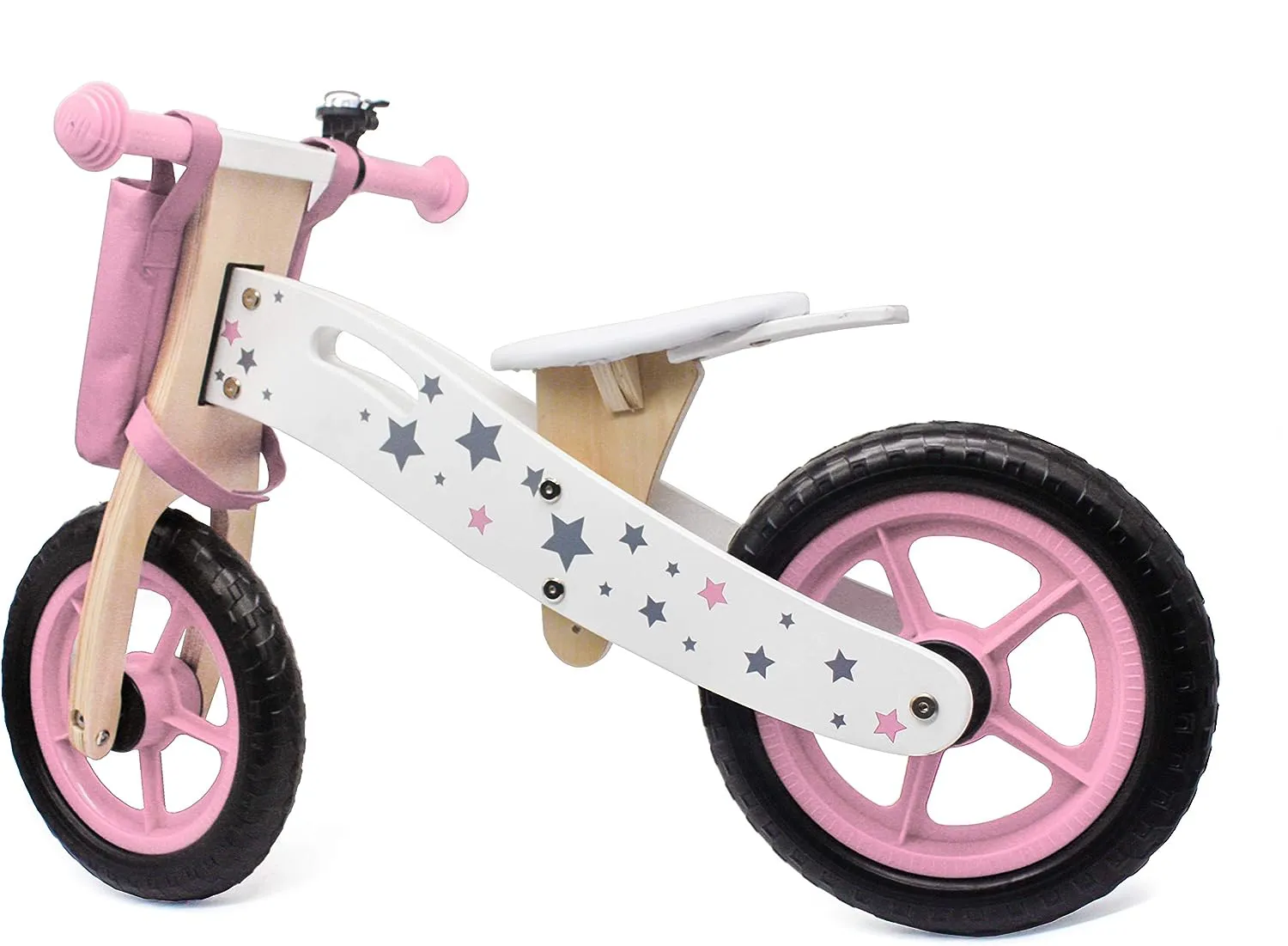 Wooden Balance Bike | Lightweight Training Bike | Bell & Basket | Pink