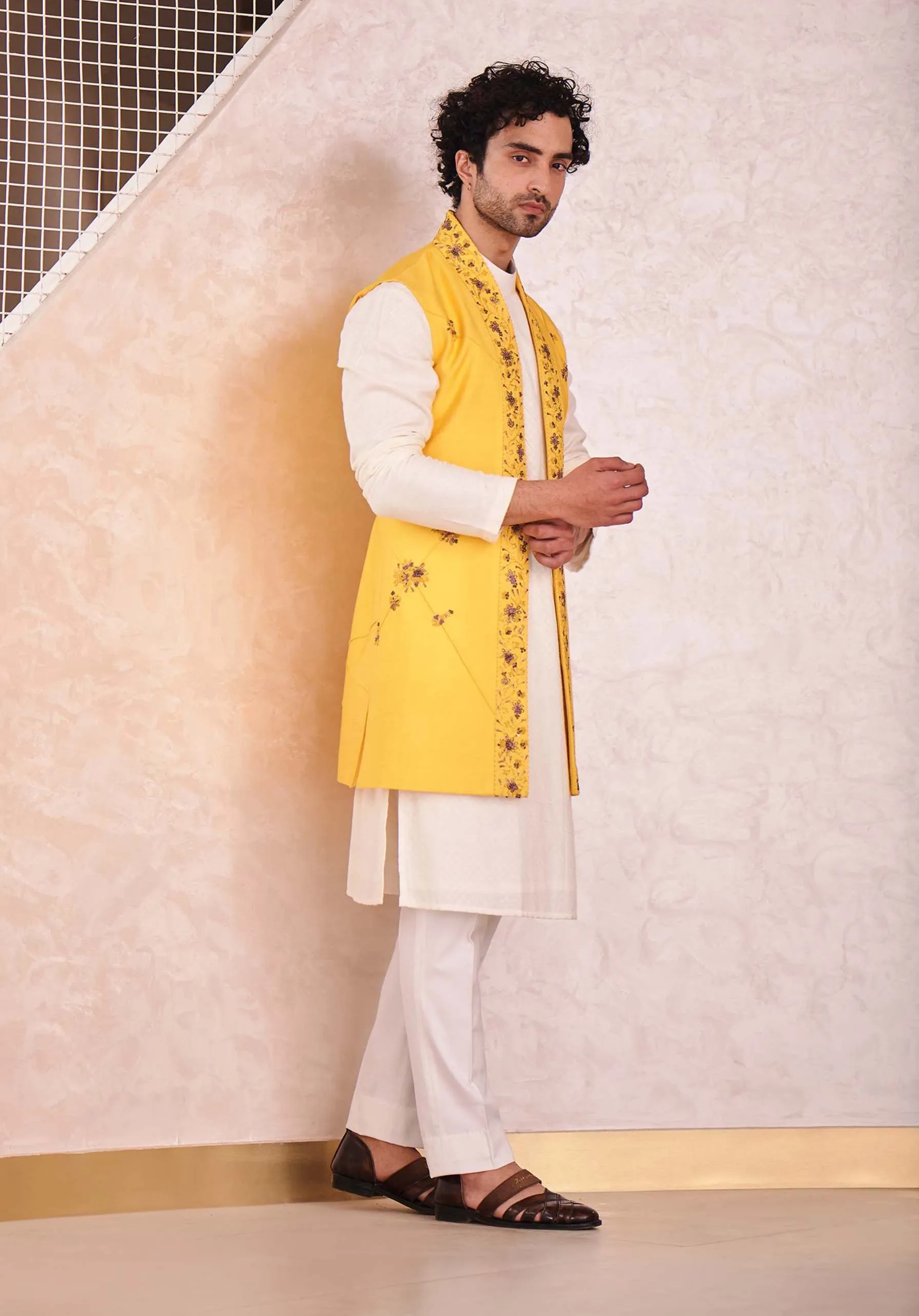 Yellow Short Jacket With Kurta And Trouser