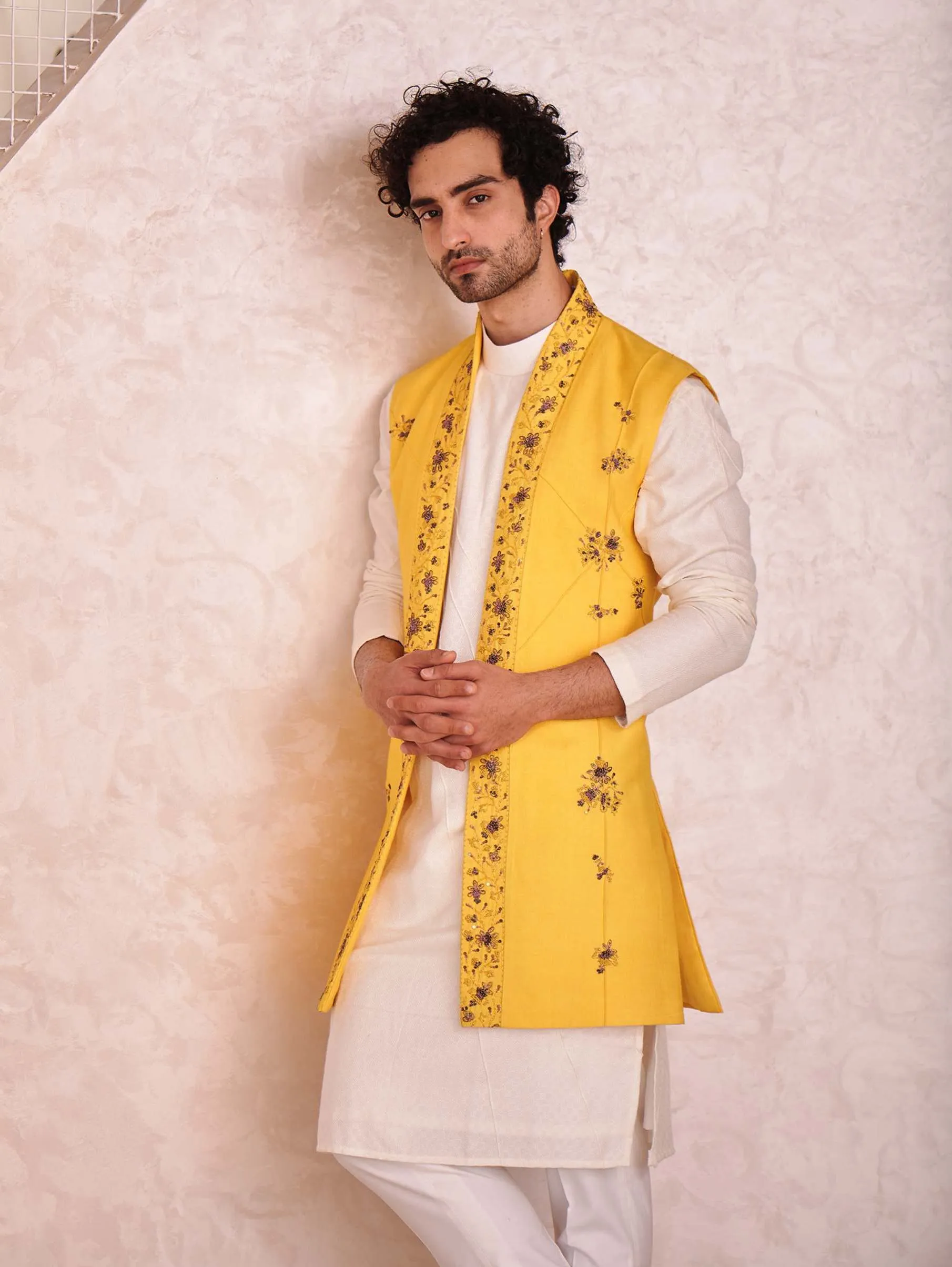 Yellow Short Jacket With Kurta And Trouser