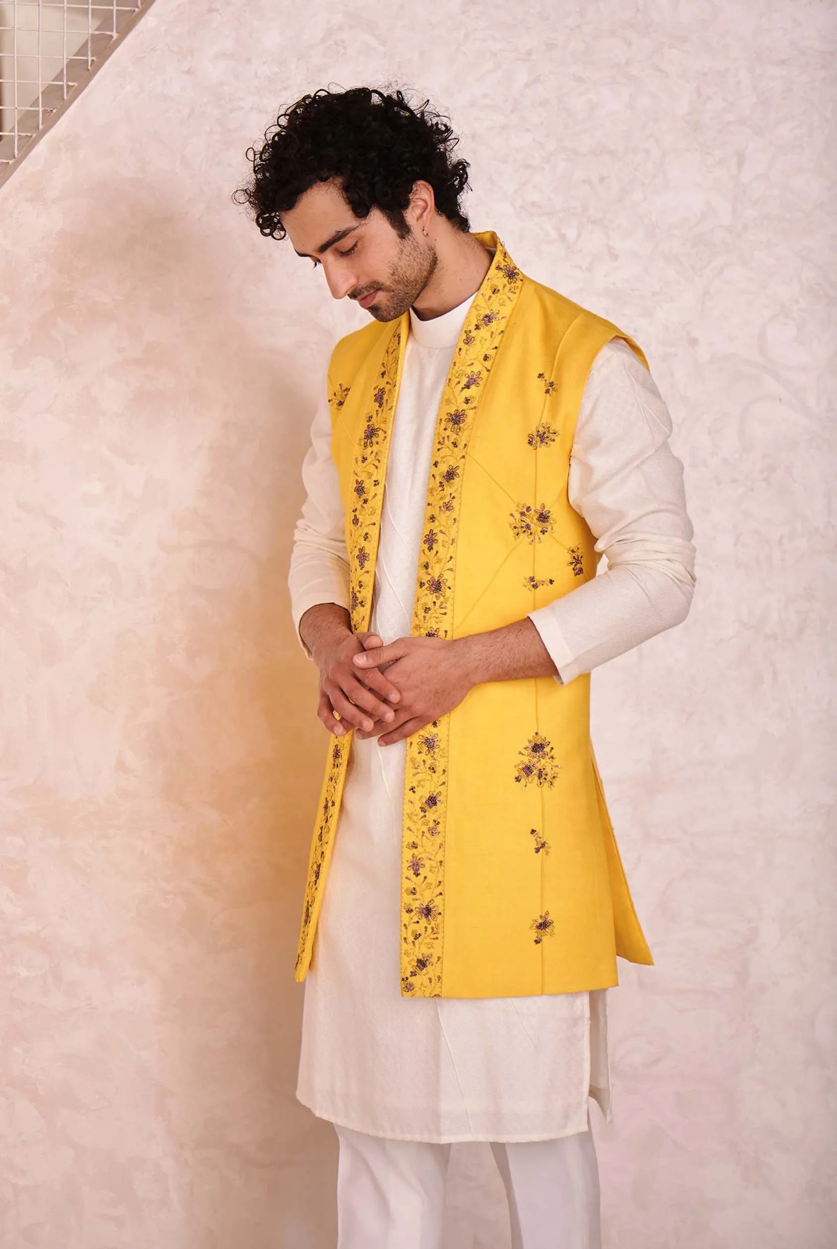 Yellow Short Jacket With Kurta And Trouser