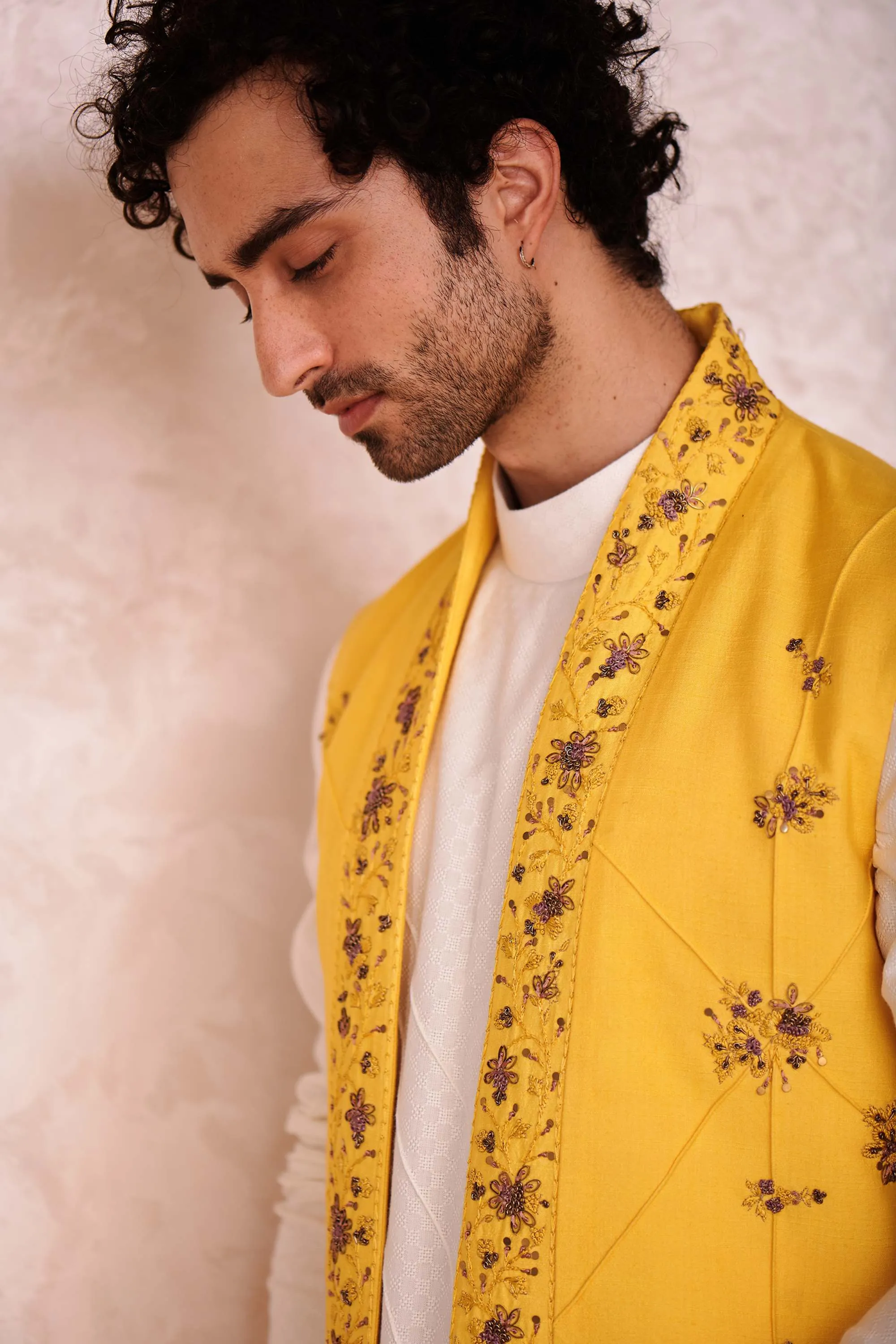 Yellow Short Jacket With Kurta And Trouser